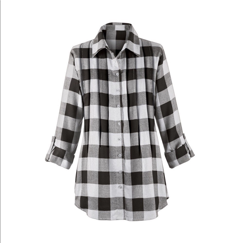 Collections Etc. Buffalo plaid pintuck Tunic top button down size Medium